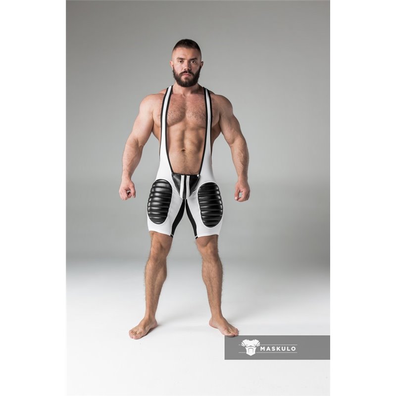 MASKULO Wrestling Singlet Codpiece Open Rear Thigh Pads White