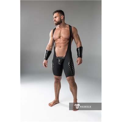 MASKULO - Wrestling Singlet Codpiece Open rear full thigh Pads Black